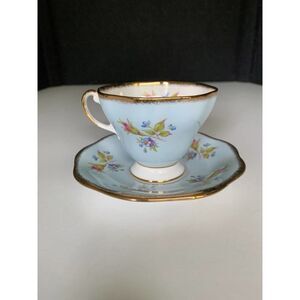 Foley Pale Blue Cabbage Rose Bouquet Bone China Teacup And Saucer Gold Trim.   G